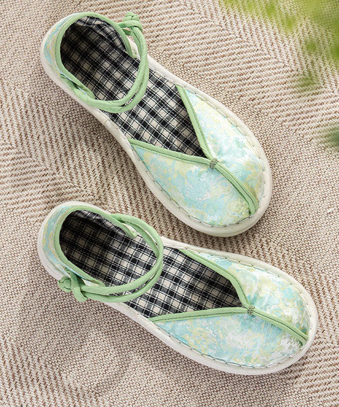 Green Flat Shoes For Cotton Fabric Splicing Buckle Strap Embroidery