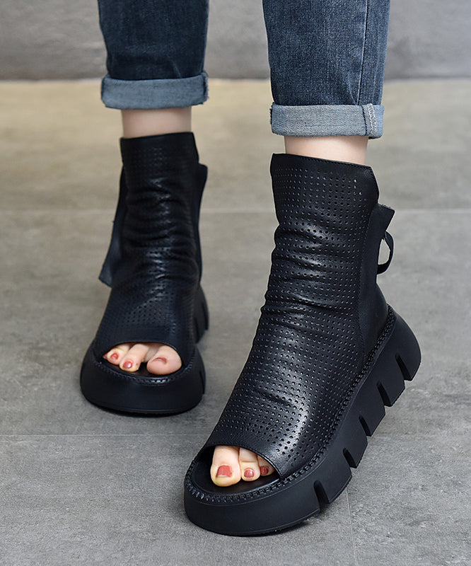 Black Boots Platform Cowhide Leather Peep Toe New
