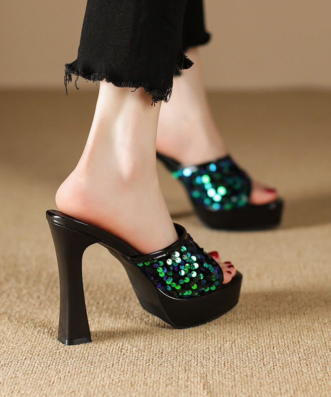 Sequins Splicing High Heel Black Slide Sandals Peep Toe