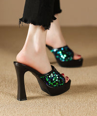 Sequins Splicing High Heel Black Slide Sandals Peep Toe
