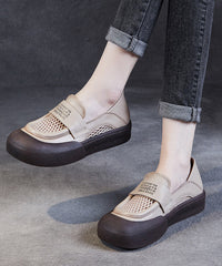 Classy Beige Cowhide Leather Breathable Mesh Splicing Buckle Strap Platform Loafer Shoes