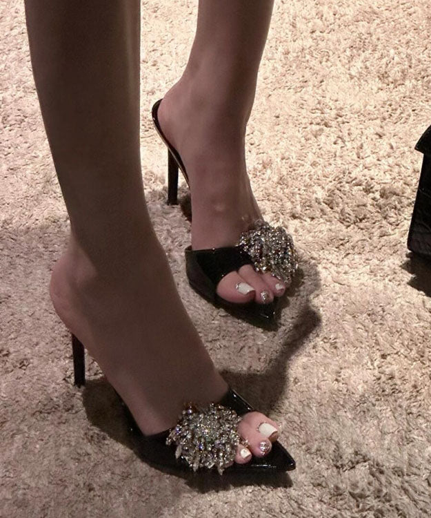 Black Stiletto Faux Leather Slide Sandals Zircon