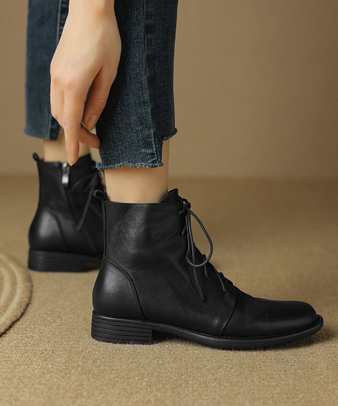 Brown Boots Chunky Cowhide Leather Splicing Cross Strap