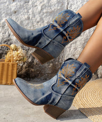 Art Blue Embossed Boots Splicing Chunky Cowboy Boots