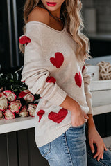 Color-blocked Heart-patterned Long-sleeved Loose Knit Sweater