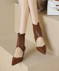 Brown Hollow Out Splicing High Heel Boots Pointed Toe