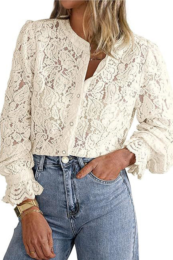 Lace Long-sleeved Casual Button-down Shirt