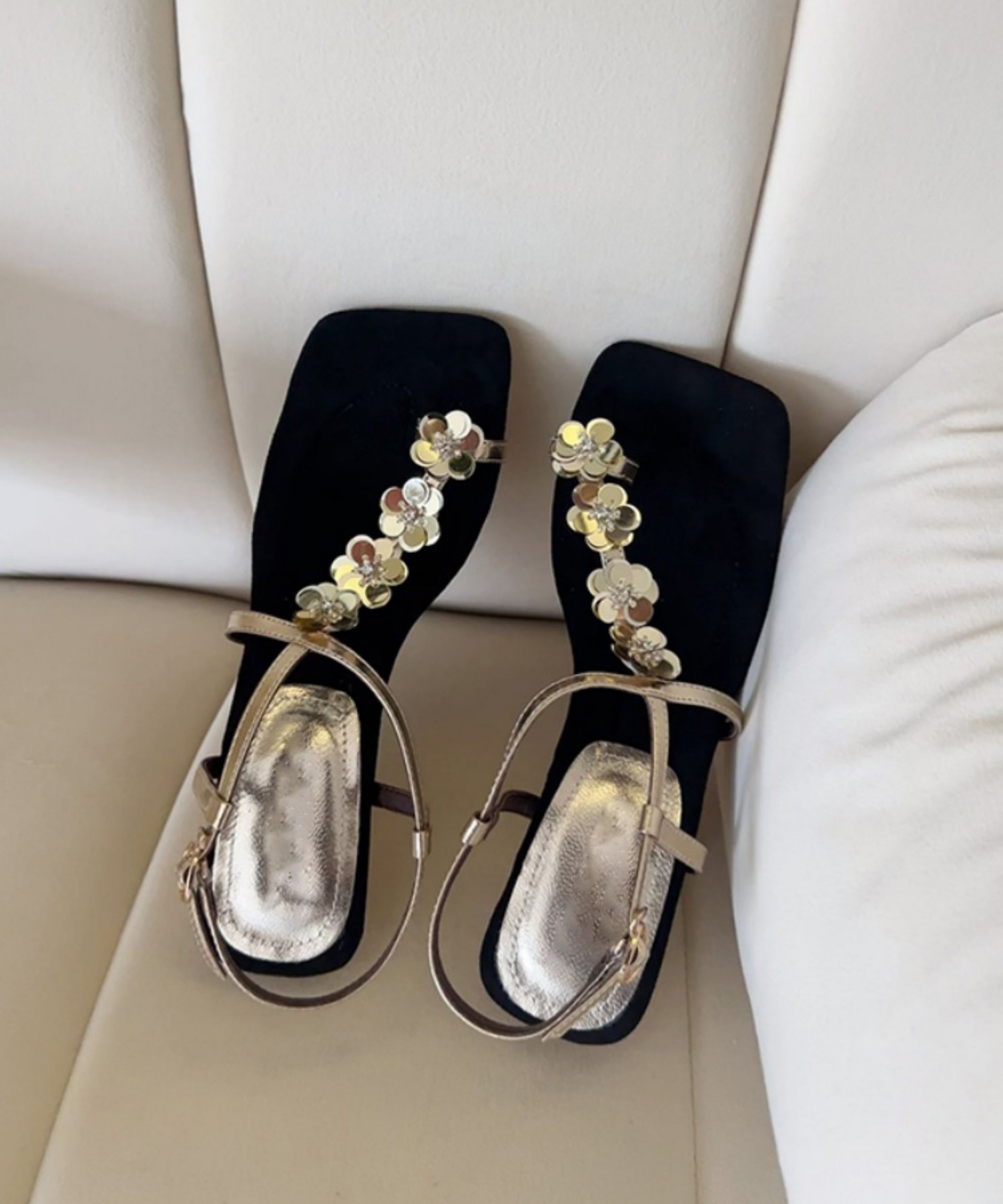 French Gold Floral Faux Leather Wedge Heels Sandals