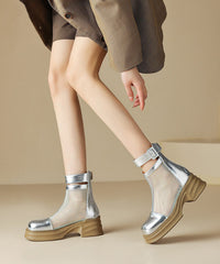 Silk Chunky Cowhide Leather Breathable Mesh Splicing Boots