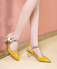 Pointed Toe Chunky Yellow Cowhide Leather High Heel Slippers