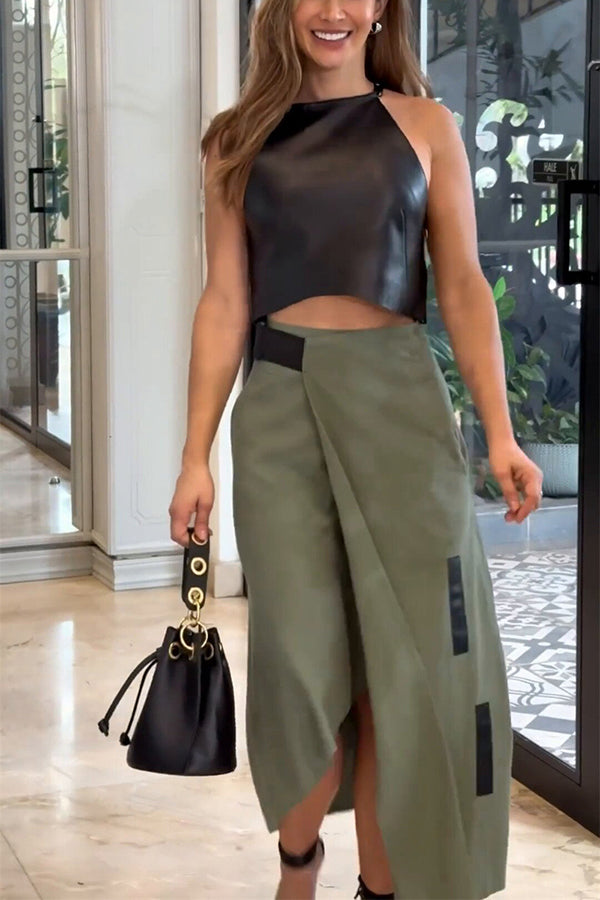Cropped Sleeveless Top and Pockets Irregular Hem Skirt Set