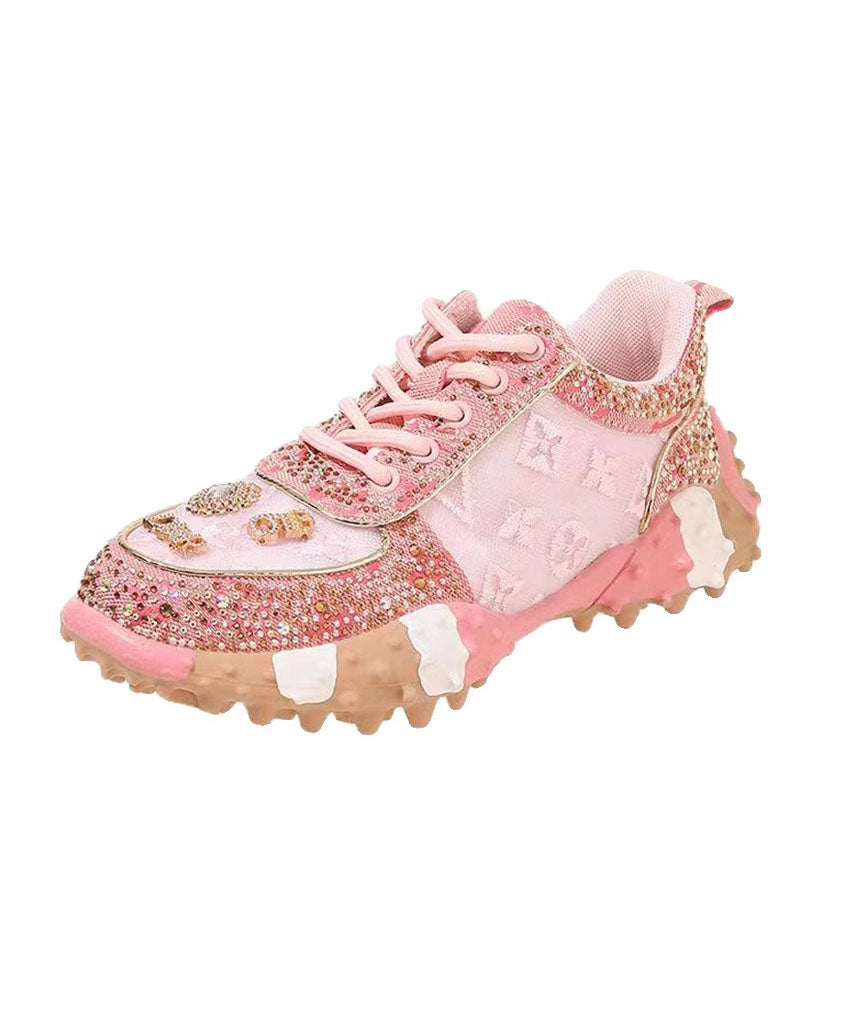 Pink Mesh Breathable Zircon Lace Up Sports Shoes