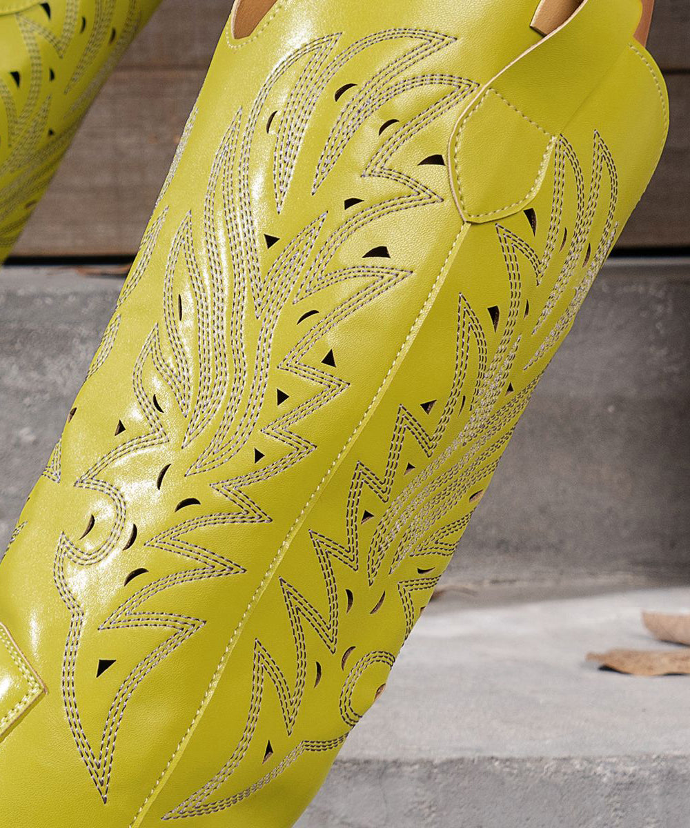 Stylish Yellow Hollow Out Solid Chunky Boots Faux Leather