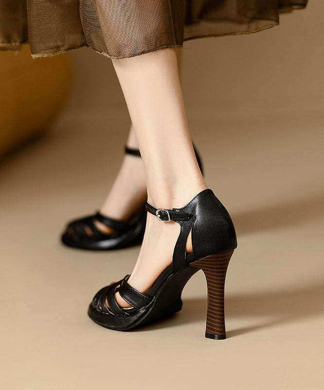 Stylish Hollow Out Buckle Strap High Heel Sandals Black Faux Leather