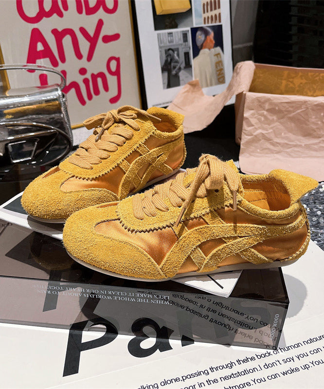 Lace Up Splicing Sport Flats Yellow Suede