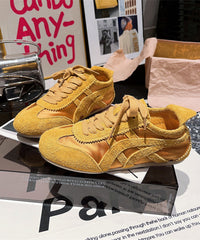 Lace Up Splicing Sport Flats Yellow Suede