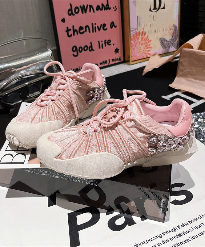 Pink Canvas Lace Up Zircon Splicing Flat Shoes For Women