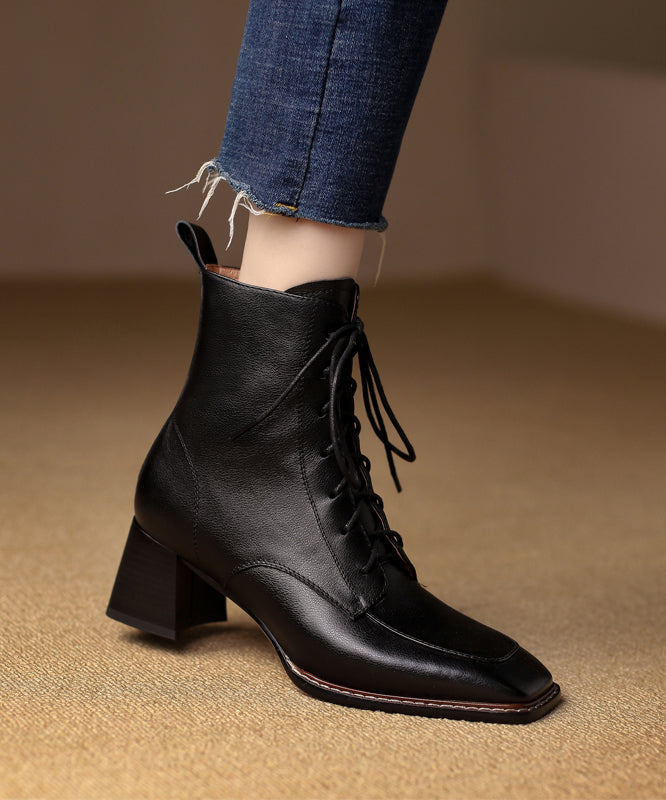 Chocolate Chunky Cowhide Leather Cross Strap Splicing Boots