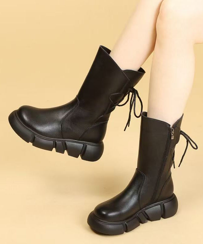 Black Lace Up Splicing Cowhide Leather Platform Boots