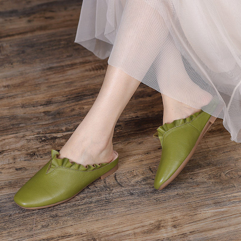 Vintage Leather Ruffle Trim Casual Slippers