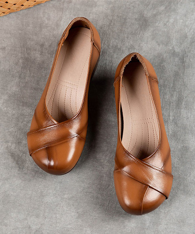 Brown Cowhide Leather Splicing Flat Shoes