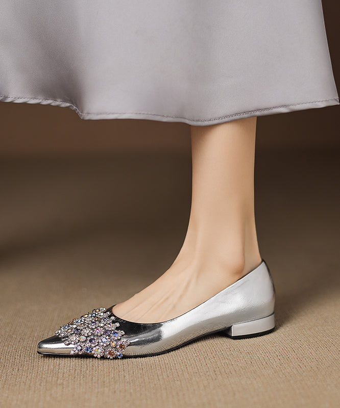 Elegant Zircon Splicing Flat Shoes Silver Sheepskin Pointed Toe