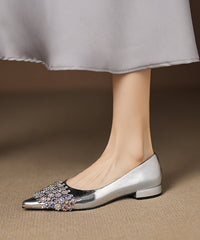 Elegant Zircon Splicing Flat Shoes Silver Sheepskin Pointed Toe