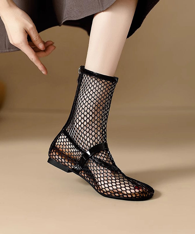 Stylish Zippered Splicing Boots Black Hollow Out Breathable Mesh