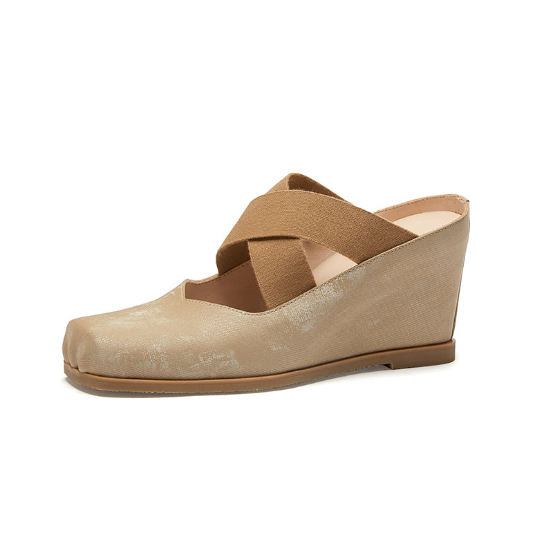 Vintage Khaki Splicing Wedge High Wedge Heels Shoes