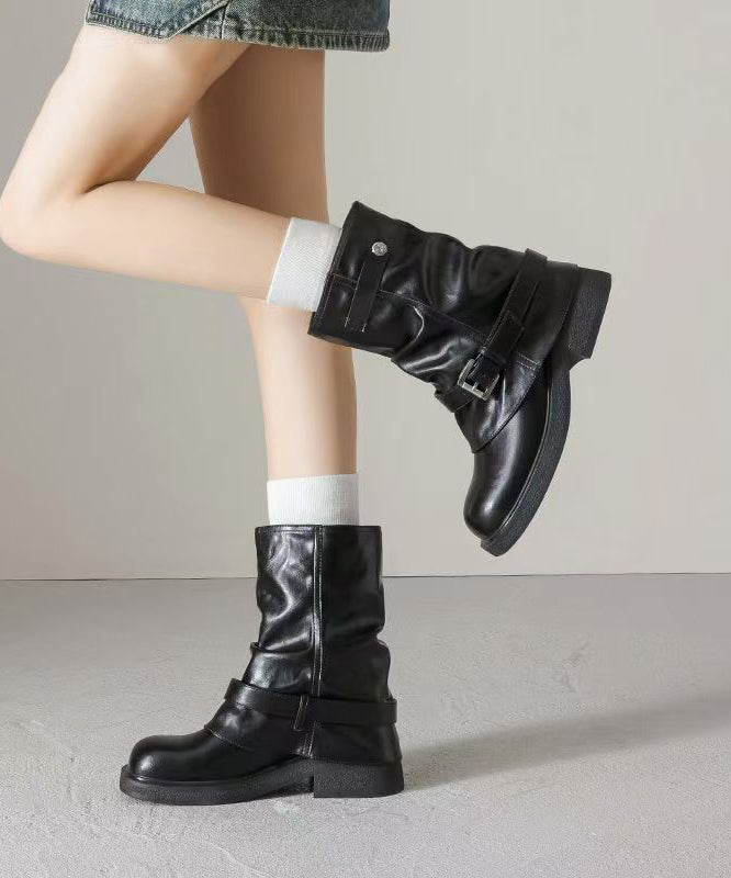 Brown Chunky Faux Leather Splicing Boots