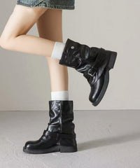 Brown Chunky Faux Leather Splicing Boots