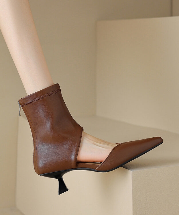 Brown High Heels Faux Leather Splicing Boots Hollow Out