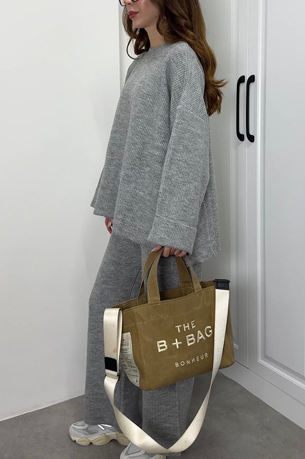 Solid Color Loose Long-sleeved Knit Top and Elastic Waist Casual Straight Leg Pants Set
