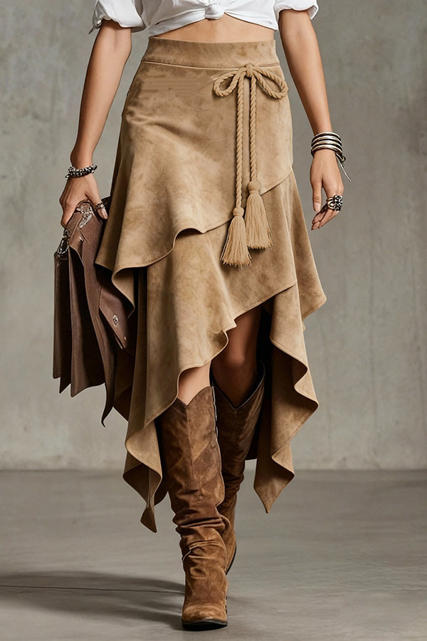 Irregular Tie-up Tassel Embellishment Casual Midi Skirt