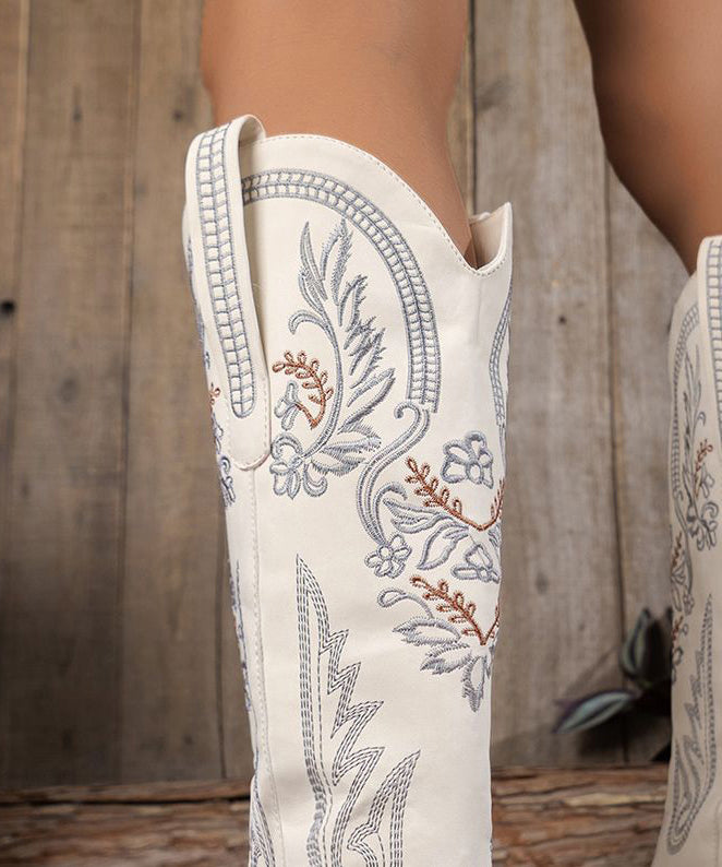 White Embossed Faux Leather Pointed Toe Chunky Thigh Boots