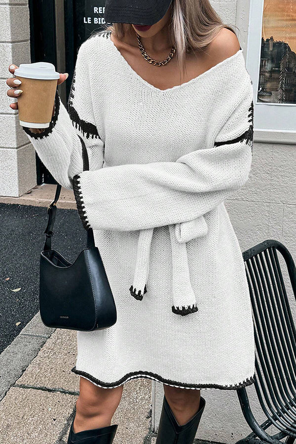 Loose-fitting Long-sleeved Tie-waist Knit Mini Dress