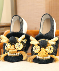 Handmade Faux Fur Splicing Platform Flats Black Embroidery