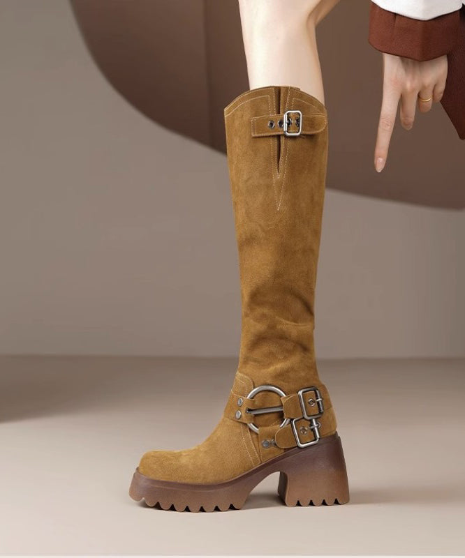 Light Camel Splicing Buckle Suede Chunky Heel Boots