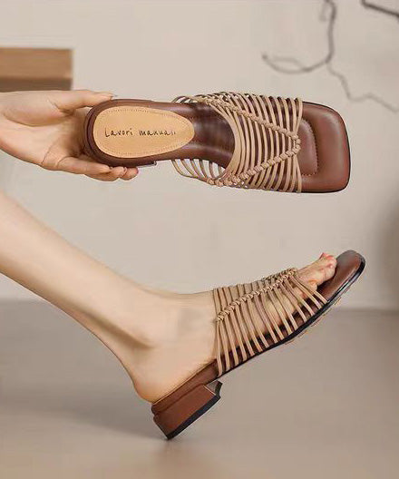 French Apricot Splicing Faux Leather Slide Sandals Peep Toe