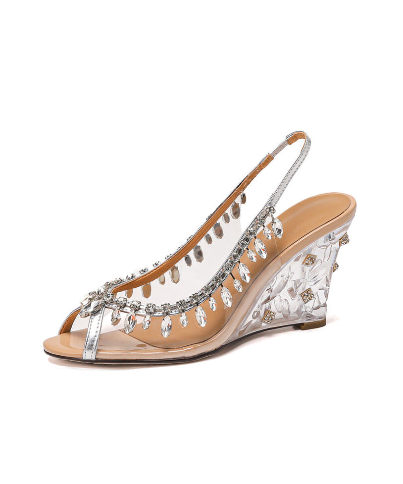 Stylish Cowhide Leather Apricot Sequins Splicing Wedge Heels Sandals