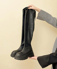 Zippered Splicing Platform Knee Boots Black