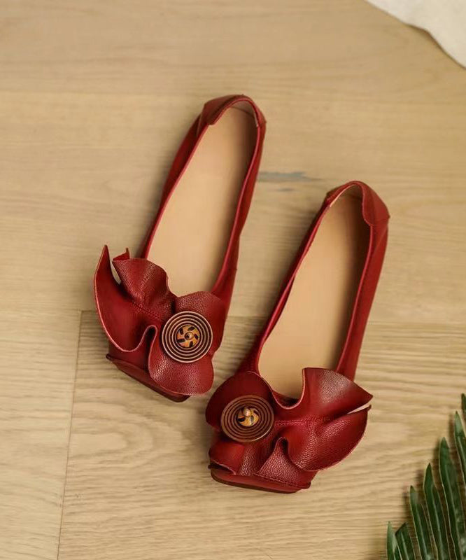 Red Flat Shoes For Cowhide Leather Boho Splicing Floral