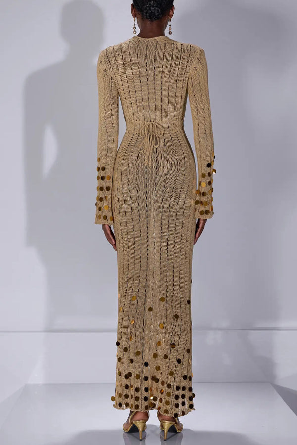 V-neck Flared Long-sleeved Knit Sequined Maxi Dress
