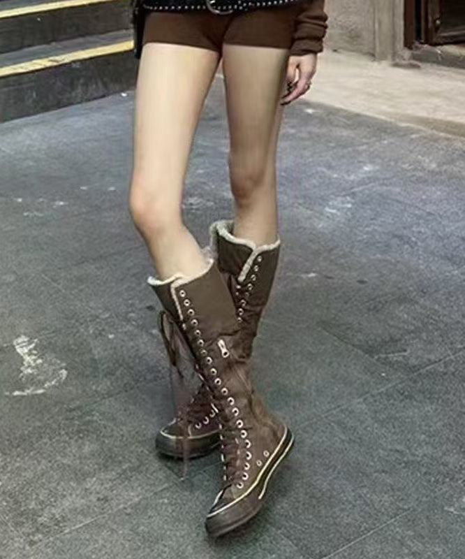 Brown Canvas Lace Up Splicing Boots Fuzzy Wool Lined