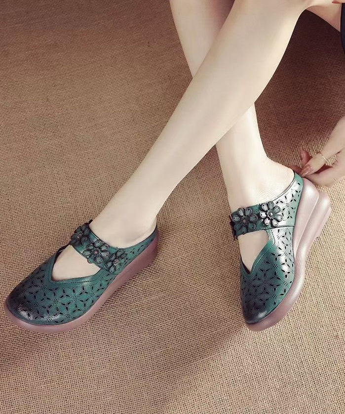 Red Wedge Cowhide Leather Splicing Slide Sandals Hollow Out