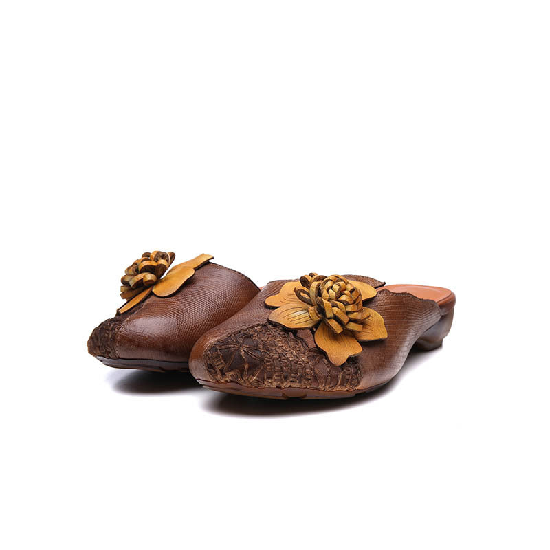 Vintage Floral Plaited Leather Casual Slippers
