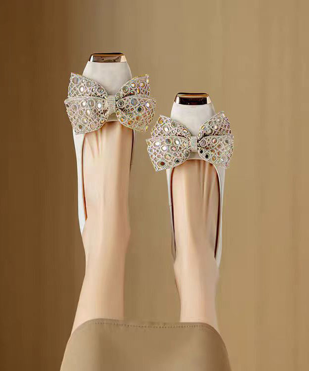 French Grey Suede Bow Zircon Splicing Flat Shoes For Women