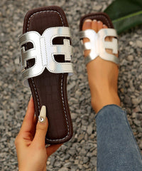 Boho Splicing Black Faux Leather Slide Sandals Peep Toe