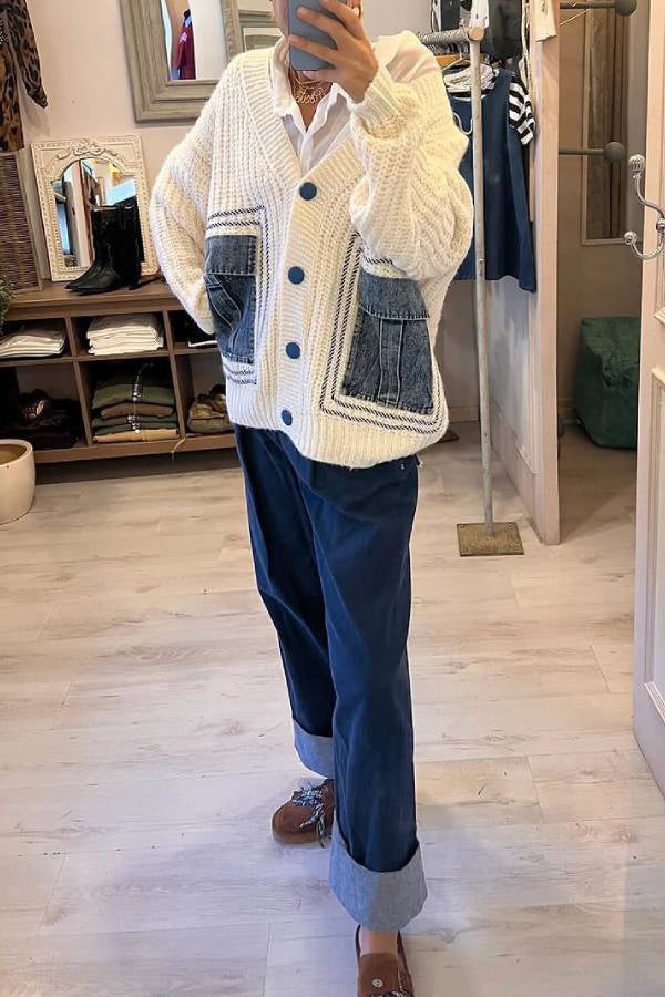 Loose Spliced denim Pocket Knitted Sweater Cardigan