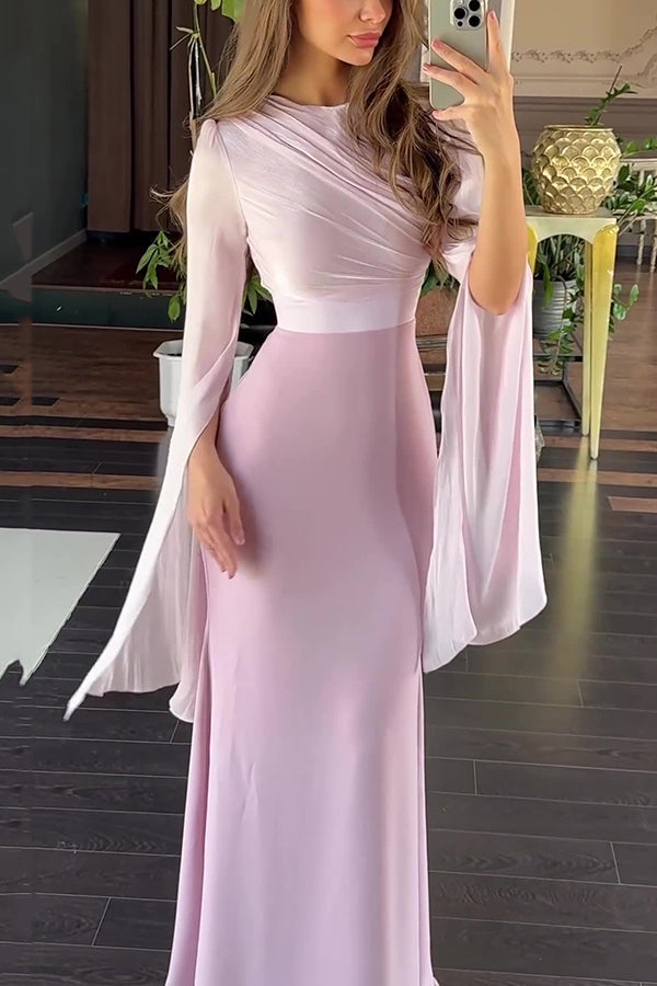 Slit Long-sleeved Patchwork Slim-fit Maxi Dress